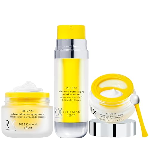 Beekman 1802 Milk RX 3-Step Better Aging Skincare Set – Wrinkle Serum, Dual Eye Treatment & Face Cream – Hydrating Better Aging Routine, Retinol Alternative, Travel Size Bundle