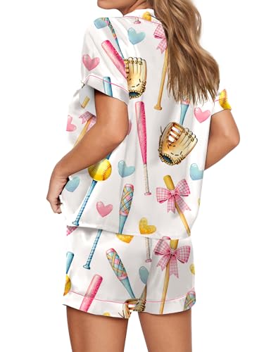 Image of SHESHOW Pajamas for Women Set Satin Button Down Short Sleeve Top and Shorts Pjs Sets Sport Ball Print Sleepwear XS-XXL