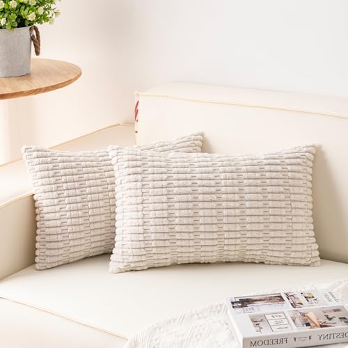 Image of Pack of 2 Corduroy Decorative Throw Pillow Covers 12x24 Inch, Cream White | Fall Soft Striped Pillow Covers Modern Farmhouse Home Decor Christmas Throw Pillow Covers for Sofa Living Room Couch Bed