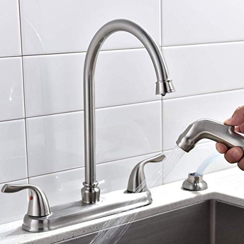 SHACO Modern Two Handle High Arc Brushed Nickel Kitchen Faucet, Stainless Steel 360 Swivel Kitchen Faucet with Side Sprayer