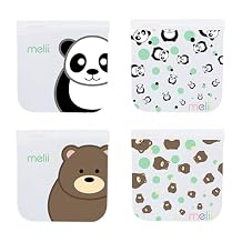 melii Reusable Sandwich & Snack Bags for Kids & Adults, Food Storage, Organization & Meal Prep Containers, Leakproof, BPA free, 4 Pack, 2 Panda & 2 Bear