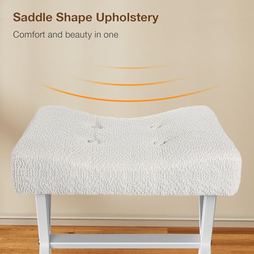 Image of Memobarco 18-Inch Large Vanity Stool Chair, Vanity Bench with Metal X-Legs, Ottoman Accent Stool with Breathable and Soft Boucle Fabric Saddle Seat, White