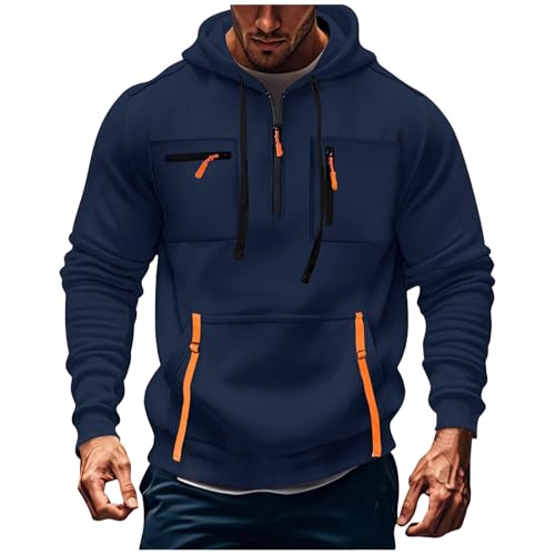 2025 Mens Hoodie Half Zip Fall Long Sleeve Pullover Casual Drawstring Hooded Sweatshirt with Multi Pockets
