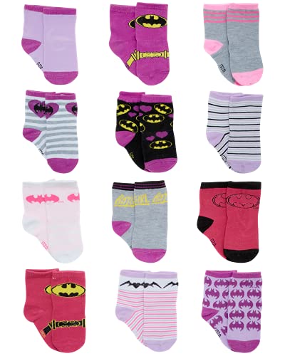 Image of DC Comics Baby Boys’ and Girls’ Socks - 12 Pack Batman, Wonder Woman, Superman, Justice League, Super Girl Socks (0-24M), Size Age 0-6M, Bat Girl