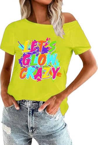 80s Shirts for Women Let's Glow Crazy Shirt Off The Shoulder Neon Top Vintage 90s 80s Themed Party Outfits