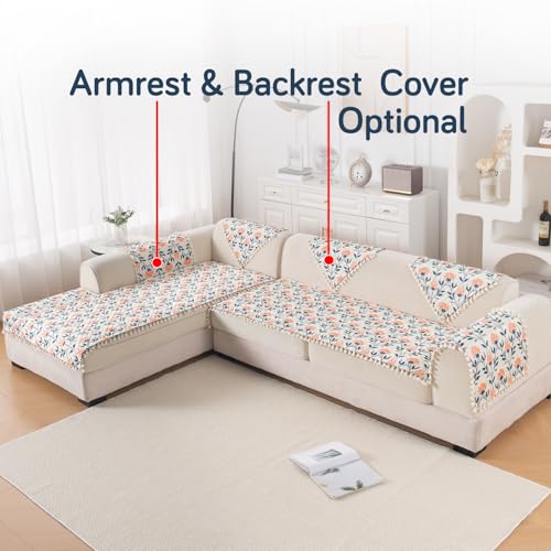 Image of HOKIPO Folk Garden L Shape (3+3 Seater) Sofa Seat Mat with Tassel| Quilted Sofa Cover Mat, 'Tassel Twigs' Series (IN-986-T9*2)