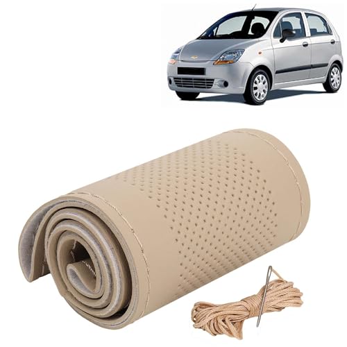 Image of KINGSWAY PU Leatherite Car Steering Cover Sewable Compatible with Chevrolet Spark (Year 2005-2009), Beige Color with Beige Thread, Pack of 1 with Sewing Needle and Thread