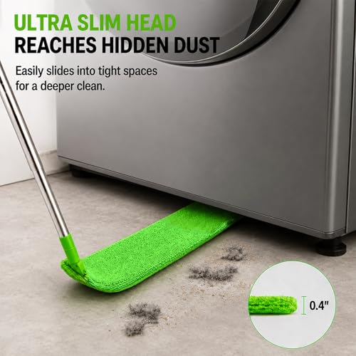 Image of Retractable Gap Dust Cleaner, 30-100 in Pole, 3 Microfiber Cloths, Green | Extends 30-100 inches to clean narrow gaps under refrigerators, sofas and appliances; includes 3 washable microfiber cloths.
