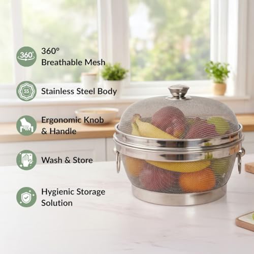 Image of Nestasia Stainless Steel Mesh Fruit Basket with Lid (10 Inches) - Protective Mesh Cover Colander & Storage Basket for Dining Table | Rust Resistant Fruit & Vegetable Strainer Bowl with Knob & Handles