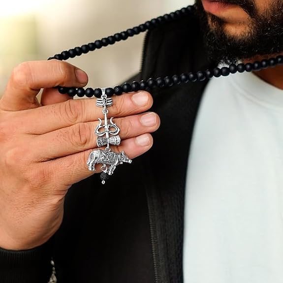 Image of Black Ebony Wood Karungali Mala with Trishool Nandi Rudraksha Pendant