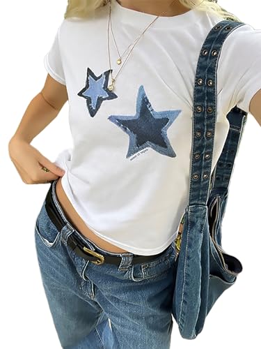 Xineicy Y2K Crop Tops for Women Star Print Tees Vintage Baby Tee Short Sleeve Summer Tops2