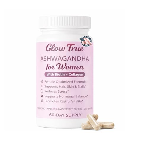 GlowTrue Ashwagandha for Women with Biotin & Collagen – 500mg Female-Optimized Stress & Hormone Support, Hair Skin & Nails – Non-GMO, Gluten-Free Capsules, 60 Count - 2-Month Supply