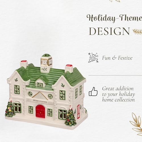 Spode Dolomite Christmas Collectible - Ceramic LED Lighted Miniature Christmas Village Set with Figural Decoration - Indoor Display