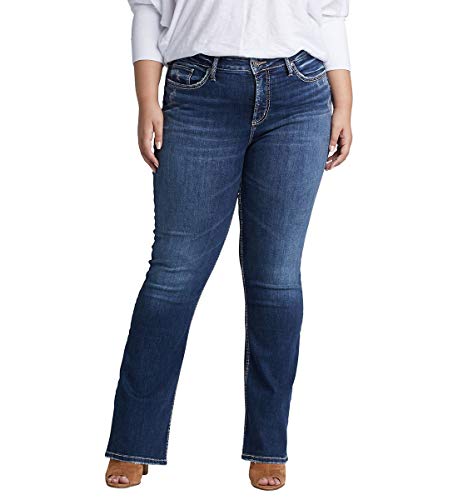 Silver Jeans Co. Women's Plus Size Avery Curvy Fit High Rise Slim Bootcut Jeans, Distressed Dark Indigo Wash, 18W X 31L