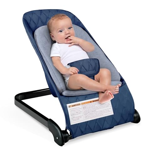 Image of Kinder King Portable Baby Bouncer, Foldable Bouncer Seat w/Thickened Soft Cushion, 3-Point Harness, Lightweight Newborns Bouncy Seat, Blue