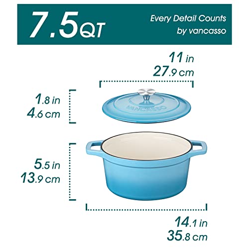 Image of vancasso 7.5 Qt Round Enameled Cast Iron Dutch Oven with Lid, Blue | Sourdough bread baking, soups, stews, braising, non-stick enamel, tight-sealing lid, safe on gas, induction, ceramic, oven.