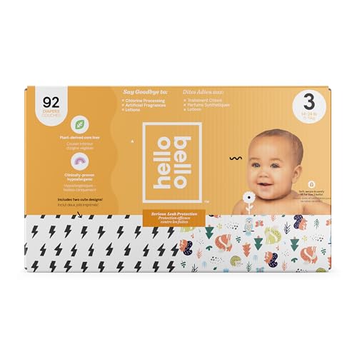 Image of Hello Bello Diapers, Size 3 (14-24 lbs), 92 Count of Premium Disposable Baby Diapers in Bolt Babes and Woodland Animals Designs, Hypoallergenic with Soft, Cloth-Like Feel