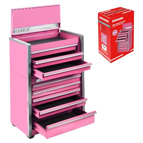 Geinxurn 8-Drawer Rolling Pink Tool Box Heavy Duty Micro Roll Cab Steel Stackable Tool Chest with Lockable Drawers 2-in-1 Large & Compact Combo Set (3-Drawer + 5-Drawer) for Garage Workshop