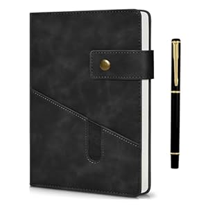 Notebook and Pen Set, A5 Lined Leather Journal Notebook, 200 Pages 100 Gsm Thick Ruled Paper, Personal Organiser Black Leather Journal, A5 Diary for Men Women School, Travel, Business, Work, Writing