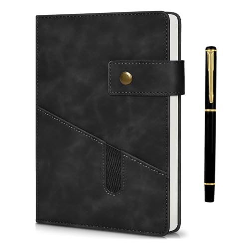 Notebook and Pen Set, A5 Lined Leather Journal Notebook, 200 Pages 100 Gsm Thick Ruled Paper, Personal Organiser Black Leather Journal, A5 Diary for Men Women School, Travel, Business, Work, Writing
