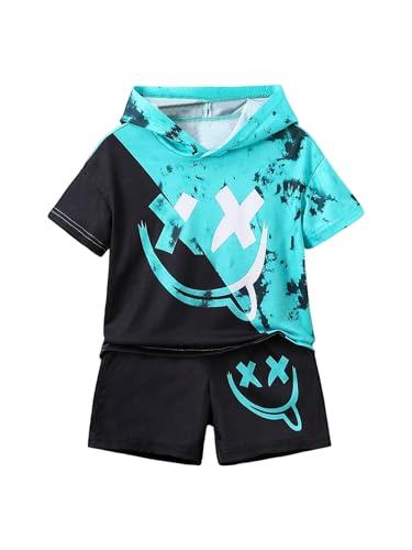 WDIRARA Boy's Two Piece Graphic Print Hooded Neck Tops and Track Shorts Clothing Set