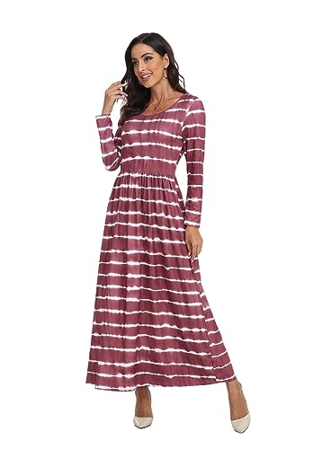 Image of Women's Long Sleeves Maxi Dress Plain Empire Waist Casual Dress Loose Fall /Winter Dresses with Pockets, Stripe Wine S