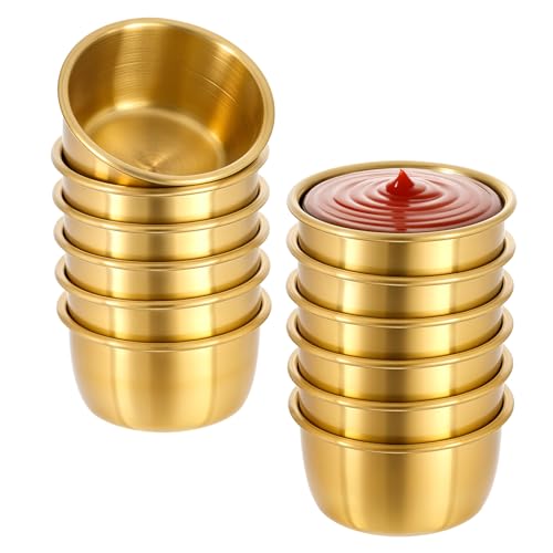12 Pcs Stainless Steel Dipping Sauce Cup Ramekin Sauce Dipping Bowl Mini Saucers Dishes Plates Round Dipping Bowls for Ketchup Dressing Home Party Restaurant Kitchen, Gold, 2 oz