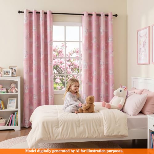 Image of MYSKY HOME Pink Blackout Printed Curtains for Girls Room Decor 63 Inch Length Cute Unicorn Rainbow Patterns Grommet Drapes for Kids Nursery Bedroom Playroom, Each Panel 52 Inch Wide, 2 Panels