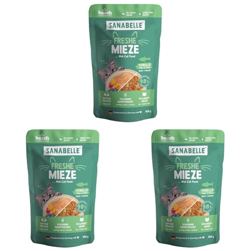 Sanabelle Freshe Mieze – Trucha, Pavo y Pollo, Bolsa de 100 g, Totalmente reciclable, Comida húmeda al Vapor para Gatos, Comida para Gatos como recién cocinada, una Marca de Alimentos para Mascotas