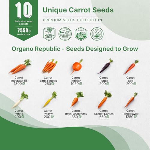 Organo Republic 10 Unique Carrot Seeds Variety Pack - 7,550+ Non-GMO Heirloom Carrot Seeds for Outdoor & Indoor Home Gardening, Including Carrot Imperator 58, Little Fingers, Scarlet Nantes, Parisian