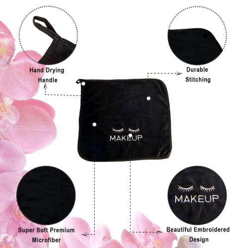 Microfiber Makeup Remover Towel 12X12 Black/Silver 6Pk;Soft Hypoallergenic Make Up Removal Wash Cloth, Embroidered Washcloth, Reusable Facial Cleansing Cloth #TOP1