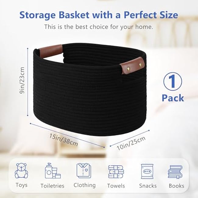 Cotton Rope Basket , Storage Baskets with Handle, 15x10x9 Inch Woven Basket for Shelves, Laundry, Towels, Clothes, Books, Toys (Black 1Pack)