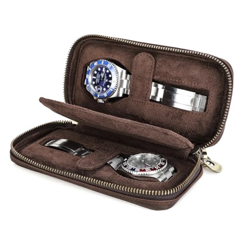 Hiram Crazy Horse Leather 2-Watch Case Organizer for Men & Women, Dual Zipper Closure, Removable Wrist Strap, Fits up to 45mm Dial, Brown
