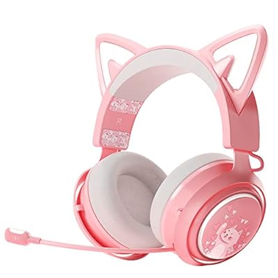 Wireless Cat Ear Headphones, Pink Gaming Headset Bluetooth 5.0 for Smartphone, Retractable Mic, 50mm Drivers, RGB Lighting Headset with Mic USB Dongle Not Included