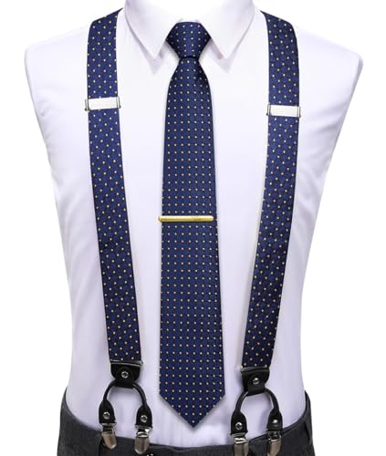 Image of Hi-Tie Men's Suspenders and Tie Set Silk Adjustable Elastic Y Braces with Strong 6 Clips Pocket Square Set