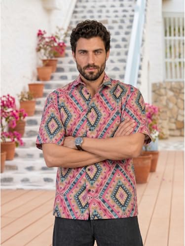 Image of BROWN CULTURE Men's Cotton Blend Printed Shirt with Spread Collared Neck Half Sleeves Oversized Straight Hem Length and Button Down Closure | Formal Shirts for Men