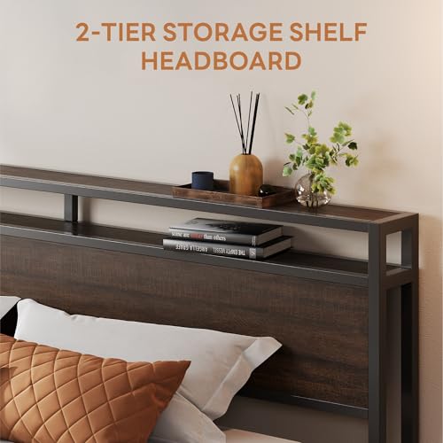 Image of LIKIMIO King Bed Frame with Headboard, Dark Wood Camas King with Strong Supports, Sturdy, Noise-Free, No Box Spring Needed, Dark Brown