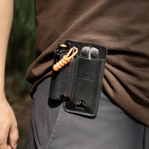 Topstache Leather Multitool Sheath with Belt Clip - Leather Multitool Pouch for Belt - EDC Belt Organizer - Multitool Holster Fits Multitool, Flashlight, Pen - Leather Multitool Holder - Black