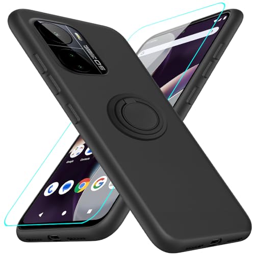 Nijiadi Compatible for BLU G93 Phone Case with Glass Screen Protector, 360° Rotatable Ring Holder Kickstand/Stand Silicone TPU Shockproof Protective Cover Case for BLU G93 - Black
