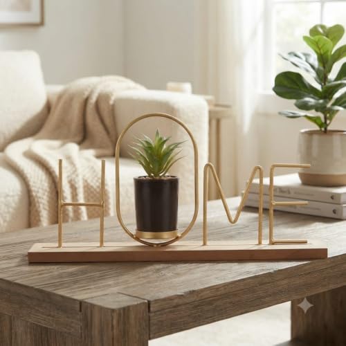 Image of Metal Home Letter Decorative Artificial Succulent Plant for Table Top