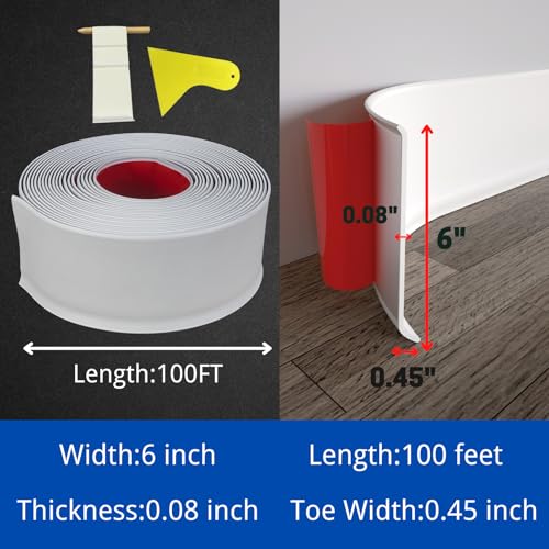 COUKIU Flexible Rubber Baseboard Molding Trim, 6 Inch x 100 Feet Self-Adhesive Vinyl Wall Base Cove Base, Peel and Stick Wall Base Moulding Trim(S152, White) by COUKIU - Image 3