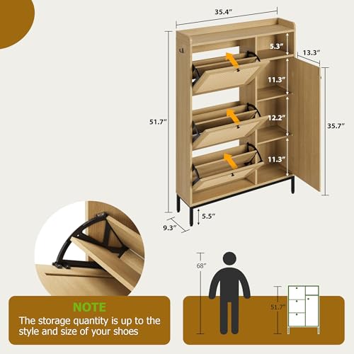 Image of Rattan Wooden Shoe Cabinet, Freestanding 3-Flip Drawer Shoe Storage Organizer, Side Cabinet & Top Fence, Easy Assembly Shoe Rack for Entryway Hallway Living Room, Natural