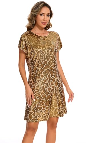 Image of Women's Crewneck Sequin Shift Dress Short Sleeve Casual Holiday Sparkly Party Dress