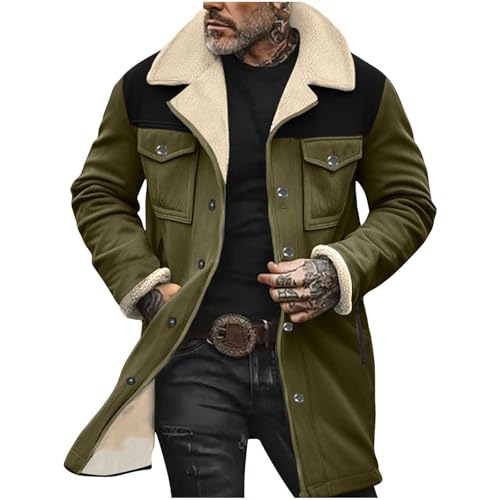 Herren Wildlederjacke Lang Gefütterte Lederjacke Vintage Kunstwildleder Mantel Winter Jacke Warm Trenchcoat Wolle Freizeitjacke Fleece Wintermantel Blitzangebote Des Tages Armeegrün S