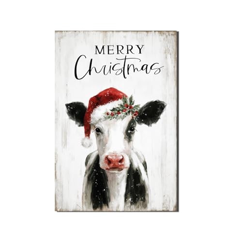 Farmhouse Christmas Wall Art Cow Decor: Merry Christmas Decorations Vintage Cow in Santa Hat Pictures for Wall Canvas Prints Holiday Xmas Poster Country Home Decor Hanging Framed 10"x15" Chr