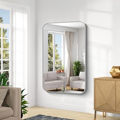 Image of KOCUUY Silver Bathroom Mirror, 55x36 Inch Large Bathroom Mirror for Over Sink, HD Tempered Glass, Anti-Rust Brushed Silver Frame, Rounded Corner Modern Design for Bathroom, Hang Horizontal /Vertical