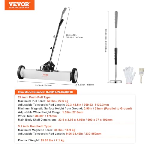 Miniatura 7 de Vevor Barredora Magnética De 60 Cm Con Ruedas, Mango Ajustable Capacidad De 22,6 Kg, Barredora Herramienta Recogida Magnética Telescópica Para Recoger Clavos Y Tornillos Para Taller, Garaje, Patio