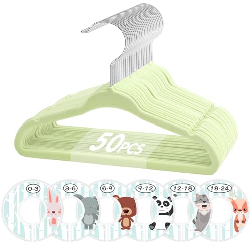 Image of VIS'V Baby Hangers, 11 Inch Velvet Kids Hangers with 6 Pcs Clothes Size Dividers, Infant Toddler Nursery Closet Organization, Non Slip, Lime Green, 50 Pcs