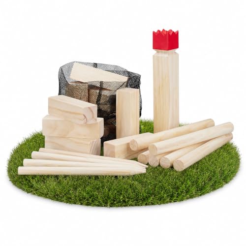 Relaxdays Wikinger Wurfspiel aus Kiefernholz, Natur Kubb Wikingerspiel, roter König, groß, Gartenspielzeug mit Tasche