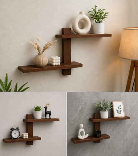 Image of Wooden Floating Wall Shelf for Living Room Bedroom, Office & Home Decor MDF Engineered Wood Storage Shelf (Brown)